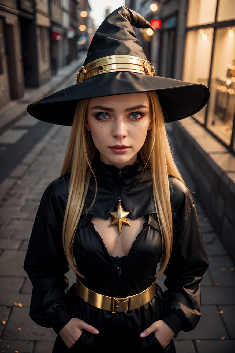 overhead angle shot,Red eyes, evil, golden, shiny, gold hair,High detailed ,midjourney,perfecteyes,Color magic,urban techwear,hmochako,better witch,witch, witch,Long hair ,long hair