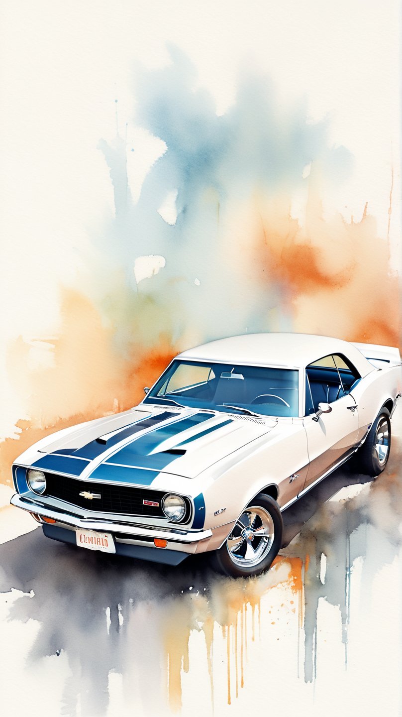 Vividly rendered in a soft focus watercolor style, a 1967 Chevrolet Camaro SS sits prominently on a crisp white background, its sleek design and bold color scheme standing out against the subtle wash of colors. The Camaro's lines are softened by the gentle brushstrokes, yet its muscle car essence remains intact.