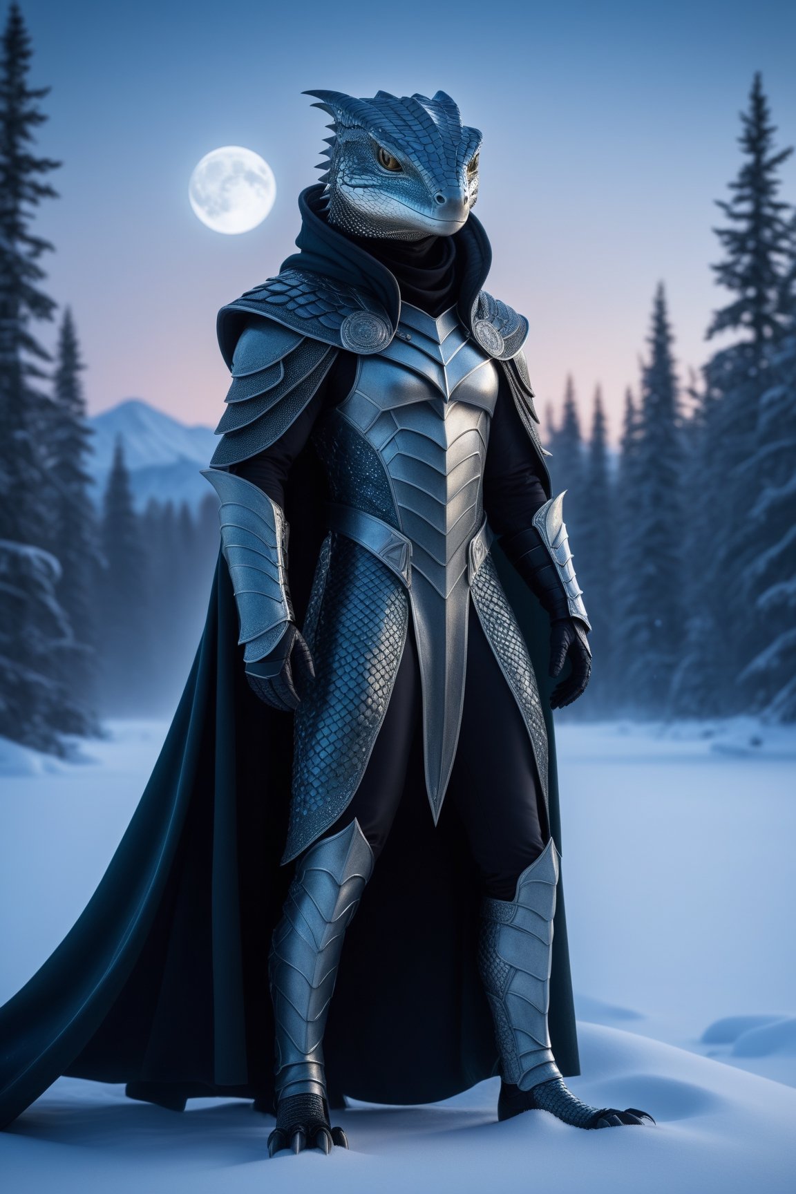 A visually striking image of a hybrid reptile and human, anthropomorphic in a snowy background, seamlessly blending scales and skin with piercing eyes that reflect the soul of both worlds. This creature stands majestically, draped in a cloak made of woven frost, its breath visible in the cold air, surrounded by a pristine, untouched snowscape that sparkles under the moonlight. The scene is imbued with a sense of mystery and awe, captured through the lens of a Nikon D850 at a low angle to emphasize the imposing stature of the hybrid against the vast, silent winter night. The composition focuses on the fusion of natural and fantastical elements, suggesting an untold story of survival and adaptation, with a setting that feels both alien and familiar --ar 4:5 --s 230