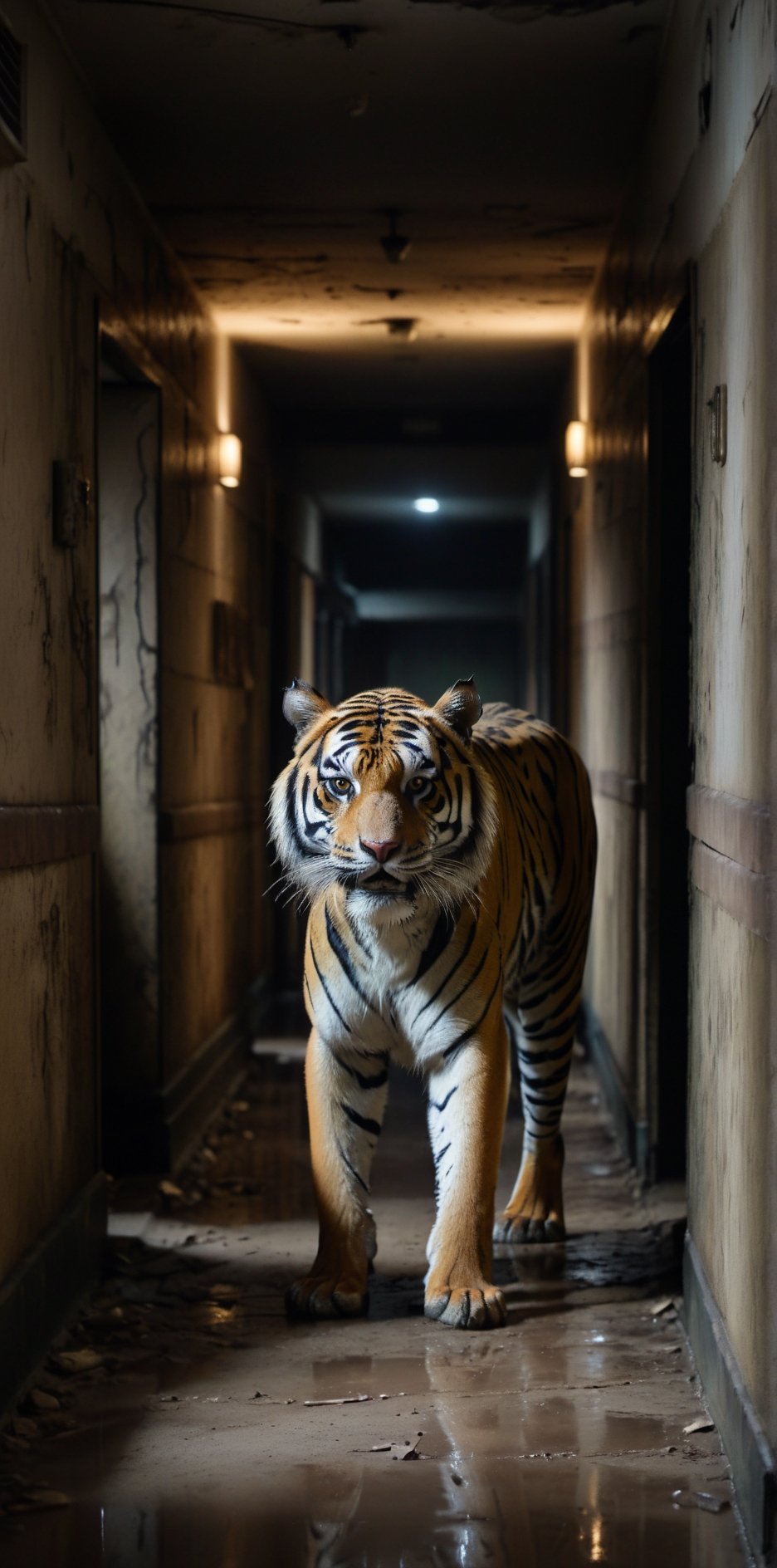 (Extreme long shot), profile of a tiger standing at the end of a corridor in an abandoned and dirty hotel, long corridor, damp ground. Dark, dim, soft, moody lighting, cinematic photo, focus, film, professional, 4k, highly detailed, (night)