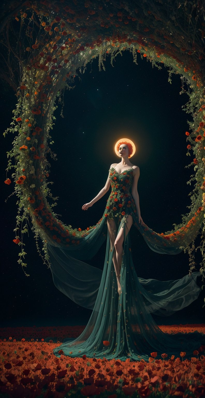 A surrealistic masterpiece inspired by Claude Monet's style, capturing a celestial Venus adorned with vibrant, fluttering poppies. Venus is exquisitely detailed, wearing a flowing gown that contrasts with the vivid, swirling poppies blooming from its base. The harmonious blend of rich reds, oranges, and yellows is accentuated by the touch of green foliage. The dreamlike, otherworldly atmosphere reflects the artistic collaboration between these two renowned artists, creating a visual symphony of color and form., painting, typography