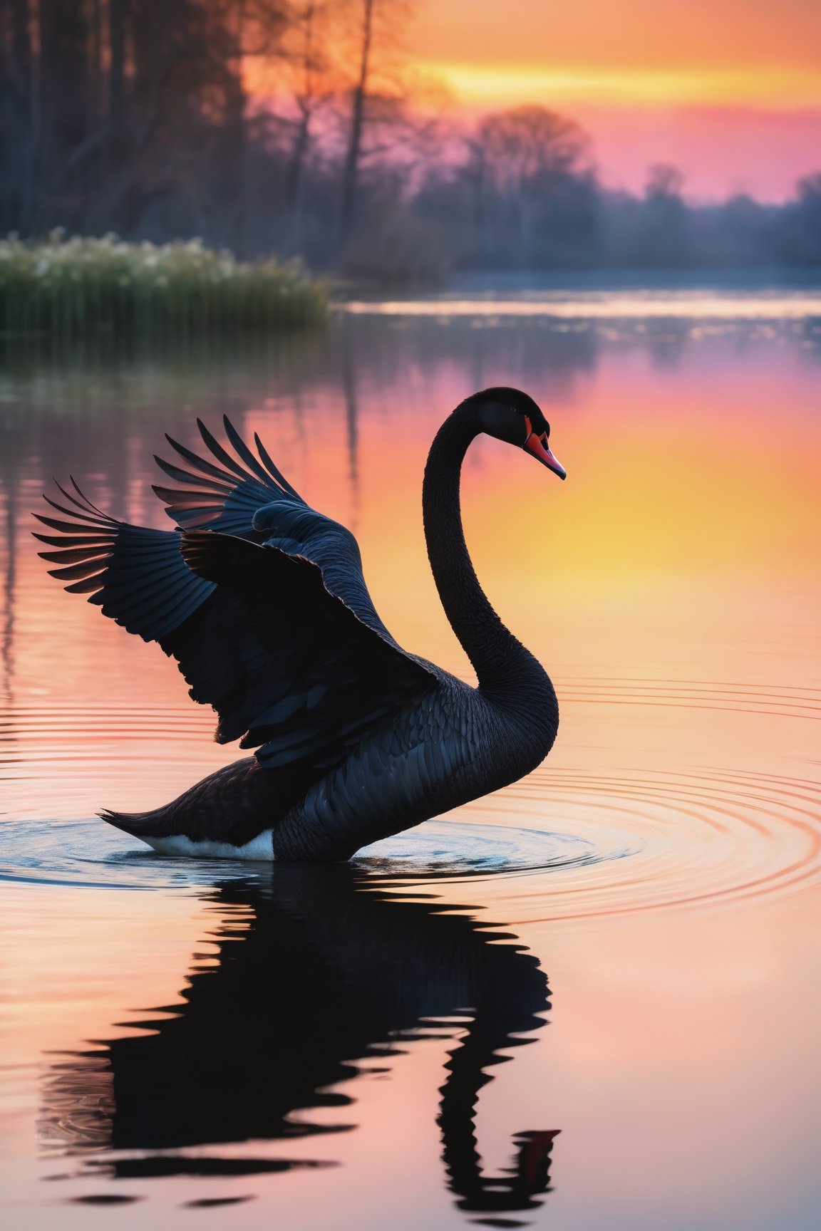 A breathtaking, serene scene of a graceful black swan gliding effortlessly across a tranquil body of water. The swan's pristine fluffy black feathers contrast beautifully with the warm and soothing colors of the sky, which are painted in shades of pink, blue, and gold. The water mirrors the sky's hues, creating a stunning mirror image of the swan and the enchanting sky. The swan's elegantly curved neck and slightly open beak, revealing a hint of its vibrant orange-red interior, add a touch of delicate beauty to the scene. The overall atmosphere of this captivating image is one of peace, tranquility, and breathtaking natural beauty.