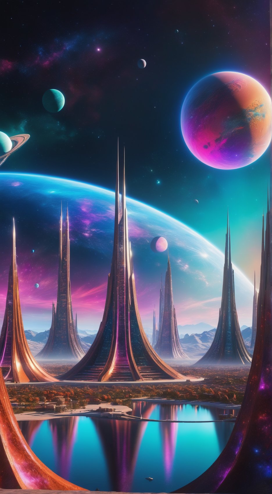 A captivating 3D rendering of an alien world, set in a distant time and place within the vast cosmos. The cityscape is an architectural marvel, featuring towering, bioluminescent structures that emit a dazzling array of colors. The dominant species, with their unique fashion sense, stands proudly amidst this breathtaking landscape. The depth of field adds a dreamlike quality, while the strange colors create an alien atmosphere that captivates the viewer. This photo of an unknown civilization truly showcases the wonders and mysteries of the universe., 3d render, architecture, photo, fashion