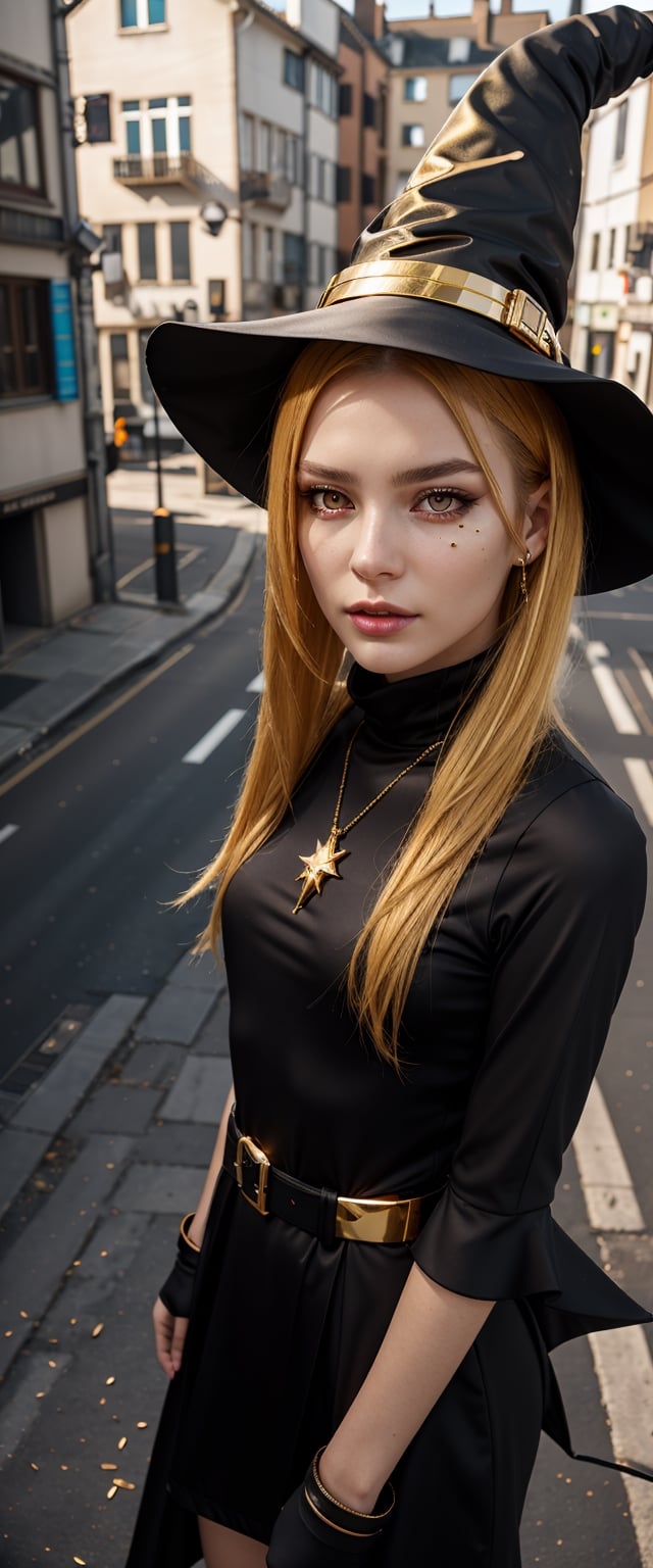 overhead angle shot,Red eyes, evil, golden, shiny, gold hair,High detailed ,midjourney,perfecteyes,Color magic,urban techwear,hmochako,better witch,witch, witch,Long hair ,long hair