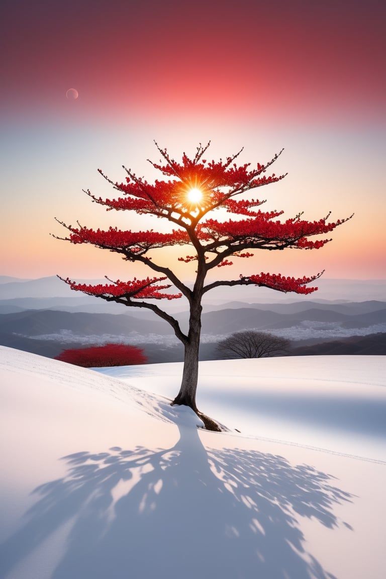 A captivating conceptual photograph featuring a solitary sakura tree dominating a pristine white hill, with a vibrant red sun piercing through a monochromatic sky. The minimalist composition accentuates the tree's delicate beauty and the striking contrast between the white landscape and the warm, glowing sun. The scene evokes a sense of tranquility and serenity, while the sun's rays illuminate the sakura tree, highlighting its ethereal charm., conceptual art, photo