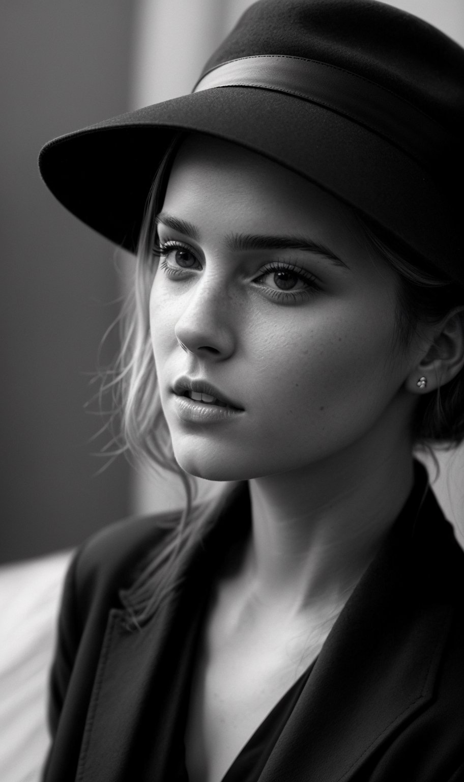 The image shows a young woman who resembles Emma Watson. Her face occupies the center of the frame, attracting the eye. Her blonde hair is styled in a casual updo, as if she had just stepped out of a gust of wind. Her facial features are gentle and graceful - tender eyes, small nose, plump lips. Her expression is thoughtful, lost in her own thoughts, with a hint of vulnerability. She wears a stylish fedora on her head that creates dramatic shadows on part of her face. The lighting is moody and atmospheric, with well-defined shadows and highlights that highlight the shape of her face and features. The background is deliberately blurred, out of focus, so as not to distract attention. The image conveys a sense of mystery, emotion and quiet introspection. High contrast and sharp details. Mesmerizing details, premium composition, ultra-realistic, photorealistic, realistic.