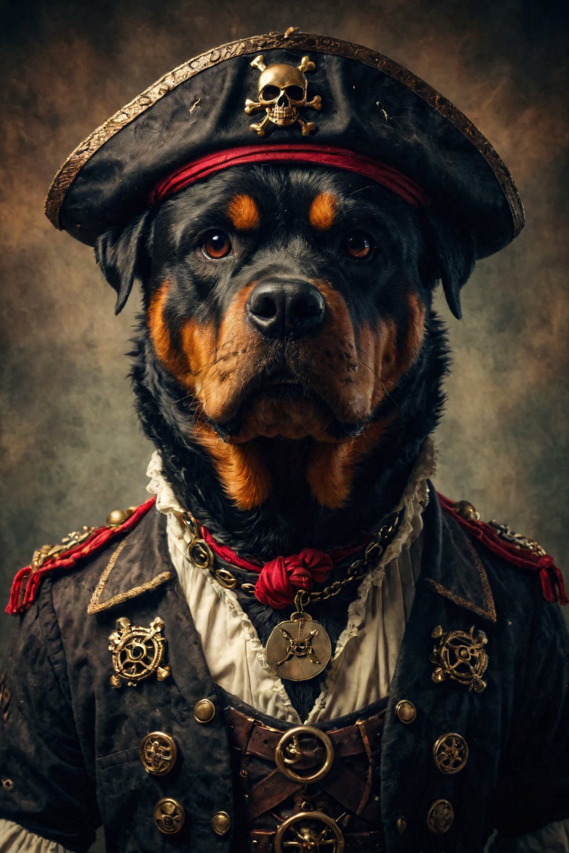 Anthropomorphic Rottweiler wearing a pirate outfit, portrait photography, postmodern --ar 3:4 --style raw