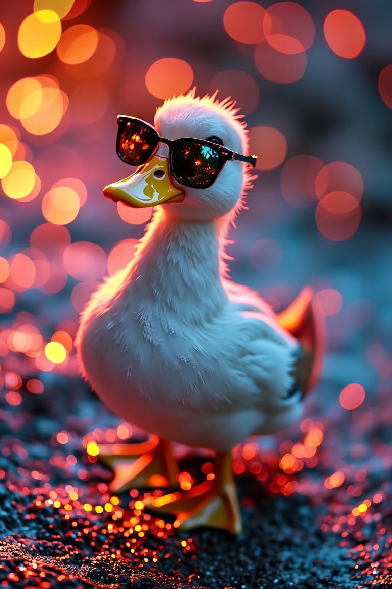 (A cool duck) stands proudly, wearing (reflective sunglasses) that catch the vibrant hues of a nearby shimmering surface. The (glittering particles) in the background create a radiant display of colors, ranging from (fiery reds and oranges) to (cool blues and purples), casting a mesmerizing glow. The duck’s playful expression and (confident pose) blend seamlessly with the surreal, luminous environment. [Soft, blurred lights] fill the air, enhancing the sense of magic and wonder in this (dreamlike scene), as if the duck is part of a colorful, enchanted realm where light and fun collide