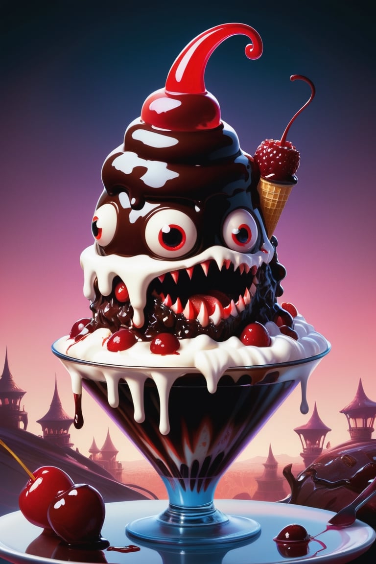 A deliciously creepy and whimsical illustration of a hot fudge sundae transformed into a fantastical creature. The sundae features a mouth full of red eyes and sharp teeth, revealing itself to be a Mimic. Atop the tower of ice cream, nuts, whipped cream, and a cherry, the Mimic gazes out from its sweet abode. The artwork is rendered in a surreal, high contrast style, with dark lighting that emphasizes the contrast between the dessert and the monster within. This detailed and humorous piece is a testament to the creative genius of Bobby Chiu and Loish, showcasing their mastery of concept art and digital painting.