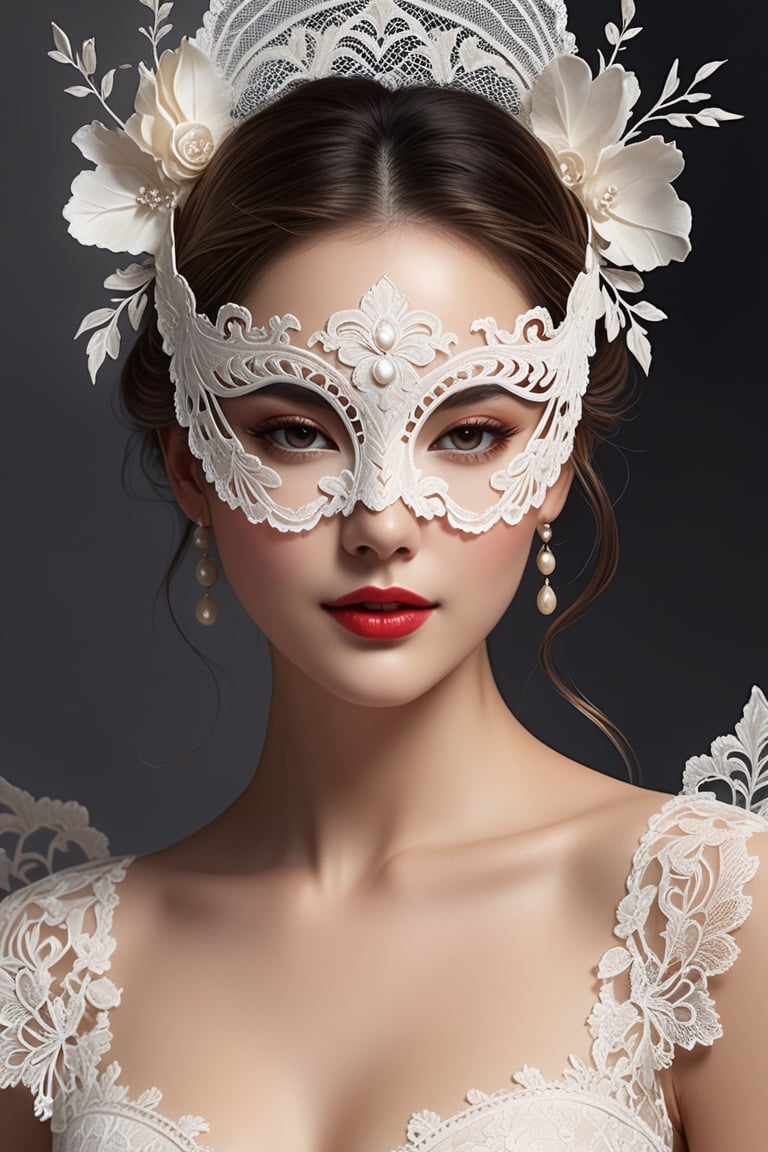 (((Showcase a white chantilly lace eye mask))), Digital illustration of a ((gorgeous woman dancing at a masquerade, "lace appliqué adorning her face, around her eyes like a mask", antique lace, skin of her face showing between the gaps in the lace, the edges hidden by her hair, delicate and fine)) || red satin ball gown || mischievious coy gaze || soft lighting, sharp focus, trending on artstation, semirealism, stylized, animated movie still, keyframe, splash art, intricate details, highly detailed, perfect composition, digital watercolor, digital oil paint, flowing movement,NIJI STYLE,ani_booster,