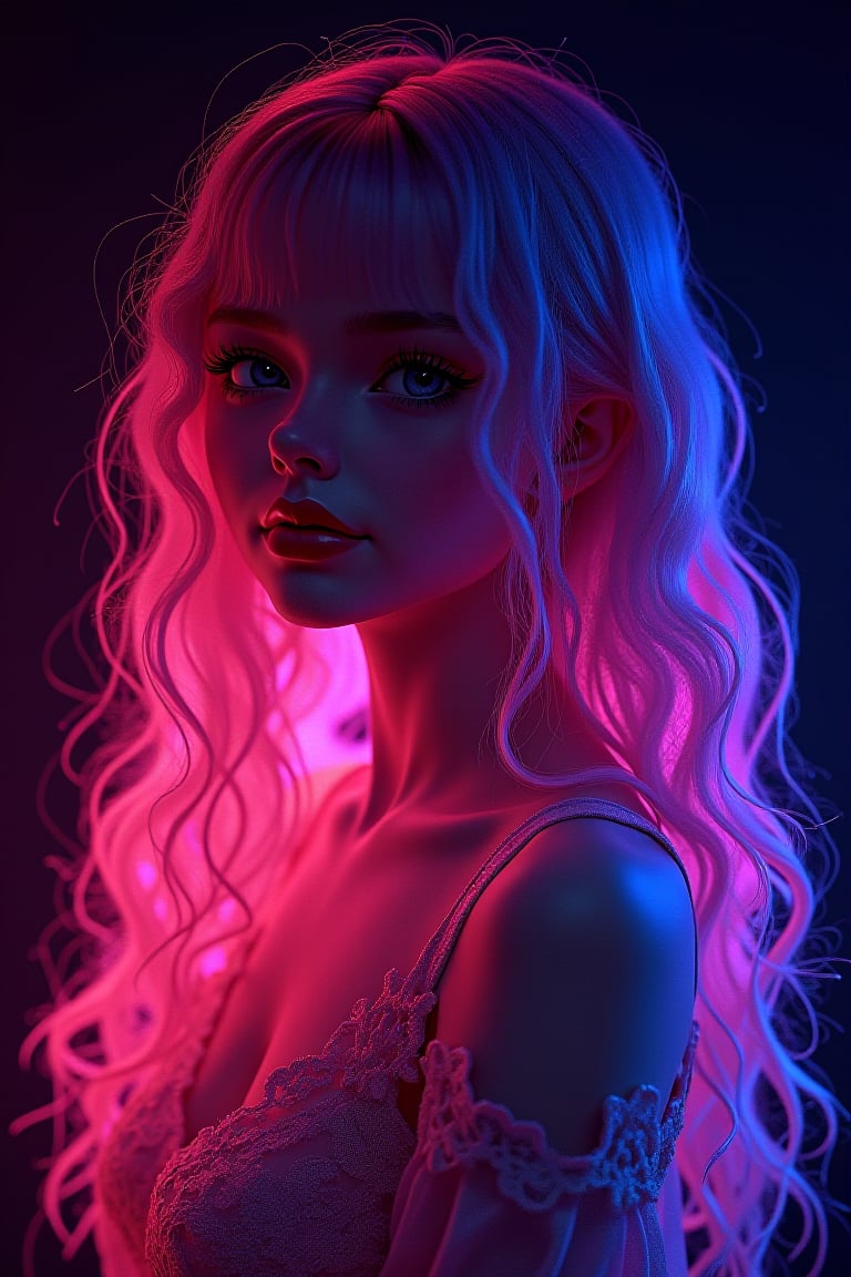 A hyperrealistic portrait of a kawaii girl with long, curly, wavy neon rainbow light hair cascading down her back like a Technicolor dream. Her porcelain skin glows with a soft luminescence against the dark studio's cyberpunk backdrop, adorned with intricate lace patterns. Rendered in Octane, every detail shines with photorealistic precision.