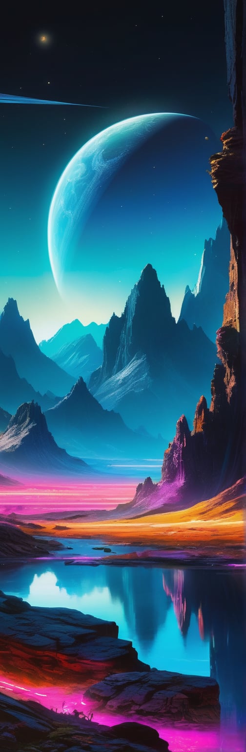 A stunningly mesmerizing illustration of an otherworldly planet's landscape, illuminated by vibrant neon lights, skillfully created by the talented artists Josias Severo and Anton Pieck, showcases an alien terrain of awe-inspiring beauty. The fluorescent hues cast an ethereal glow upon the surreal scenery, accentuating the exotic flora and extraterrestrial rock formations. Each brushstroke skillfully blends precise details with imaginative imagination, resulting in a vivid and breathtaking visual experience.