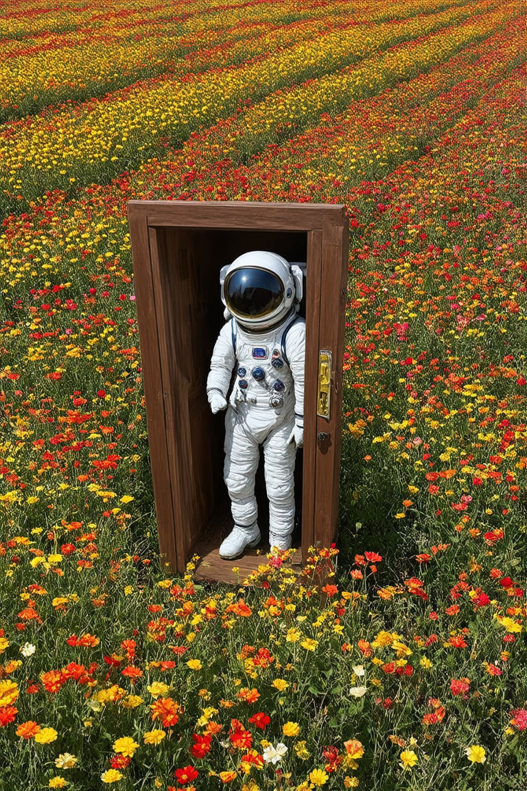 isheye lens, a beautiful flower field, with vibrant blooms stretching as far as the eye can see,Person on the other side of the door, Astronaut,(close Visor), Nestled among the flowers is an unexpected sight a wooden door, clearly made of lightweight material like cardboard or balsa wood, standing upright amidst the blossoms. Despite its humble construction, the door is adorned with intricate carvings and painted with vivid colors, adding to its whimsical charm,astronaut_flowers