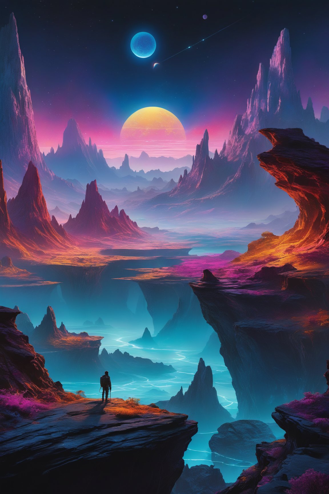 A stunningly mesmerizing illustration of an otherworldly planet's landscape, illuminated by vibrant neon lights, skillfully created by the talented artists Josias Severo and Anton Pieck, showcases an alien terrain of awe-inspiring beauty. The fluorescent hues cast an ethereal glow upon the surreal scenery, accentuating the exotic flora and extraterrestrial rock formations. Each brushstroke skillfully blends precise details with imaginative imagination, resulting in a vivid and breathtaking visual experience.