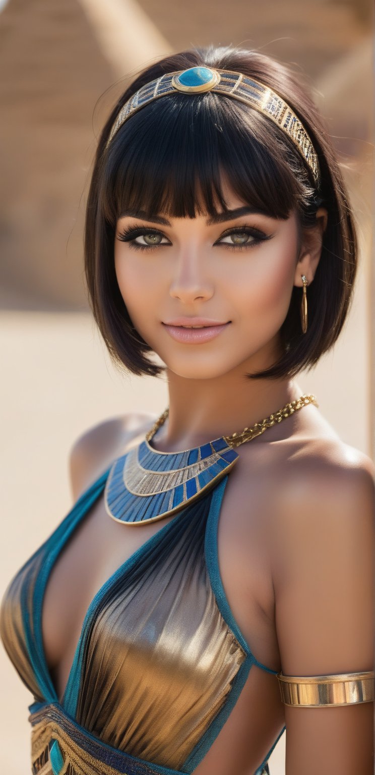 a 25 yo girl, Egyptian princess, cleopatra, bobcut bangs, lustful eyes and smile, egyptian eye makeup, slim body, looking at viewer, bright blue eyes, small breasts, blurred desaturated bokeh background, dark theme, soothing tones, muted colors, high contrast, (natural skin texture, hyperrealism, soft light, sharp), (2/3 shot) artistic photoshoot, looking at viewer, wearing ancient egyptian jewelry, wearing a revealing ancient egyptian transparent dress, the dress is a split thigh dress, the dress is a low cut, breast cut out dress, wearing a ancient egyptian armlet diadem necklace and earrings, cleavage, sexy pose, desert pyramids background