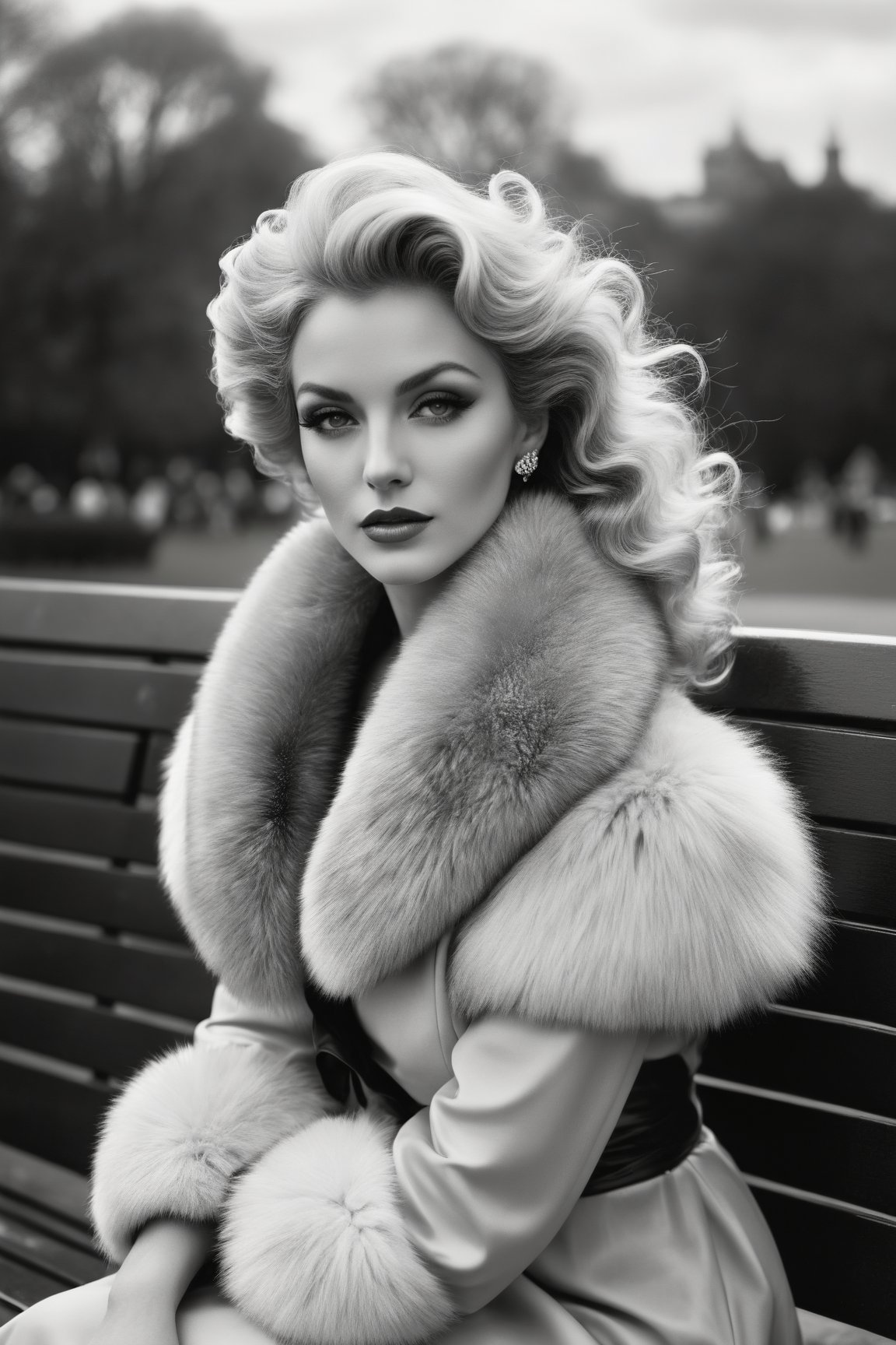 A captivating black and white portrait of a woman seated on a bench in Hyde Park, London during the 1970s. She is dressed in a form-fitting dress, a fur stole, and heels, with platinum blonde curls framing her enigmatic face. The artists have combined their signature styles to create a masterpiece that captures the essence of the era and the subject's mesmerizing allure. The ominous clouds in the sky hint at a windy day, while dark fantasy elements give the scene an air of mystery. The harmonious blend of Hollywood glamour, urban atmosphere, and mystique creates an unforgettable work of art.