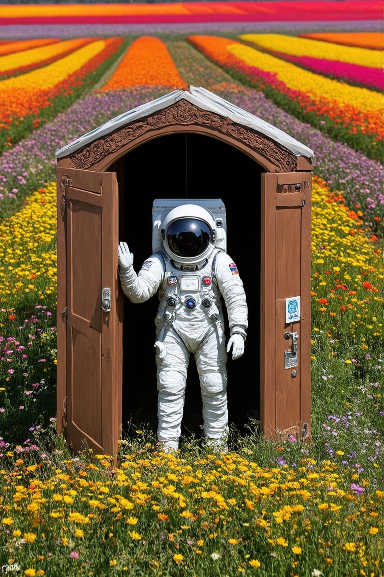 isheye lens, a beautiful flower field, with vibrant blooms stretching as far as the eye can see,Person on the other side of the door, Astronaut,(close Visor), Nestled among the flowers is an unexpected sight a wooden door, clearly made of lightweight material like cardboard or balsa wood, standing upright amidst the blossoms. Despite its humble construction, the door is adorned with intricate carvings and painted with vivid colors, adding to its whimsical charm,astronaut_flowers