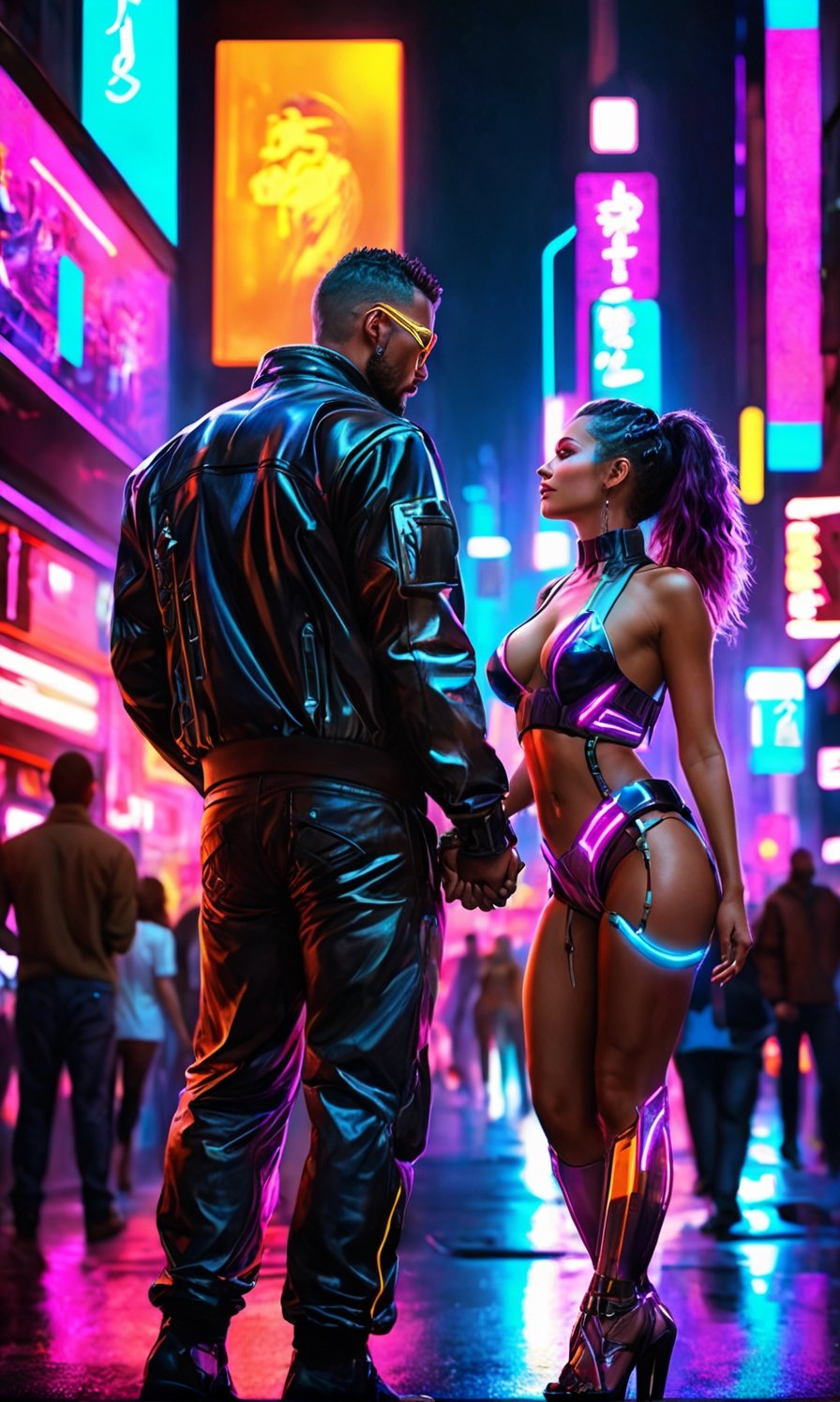 Generate hyper realistic image of a cyberpunk couple enjoying a vibrant night in the futuristic cityscape. Their bodies adorned with neon cybernetic enhancements, they revel in the glow of holographic billboards, dancing amidst the bustling nightlife.upper body