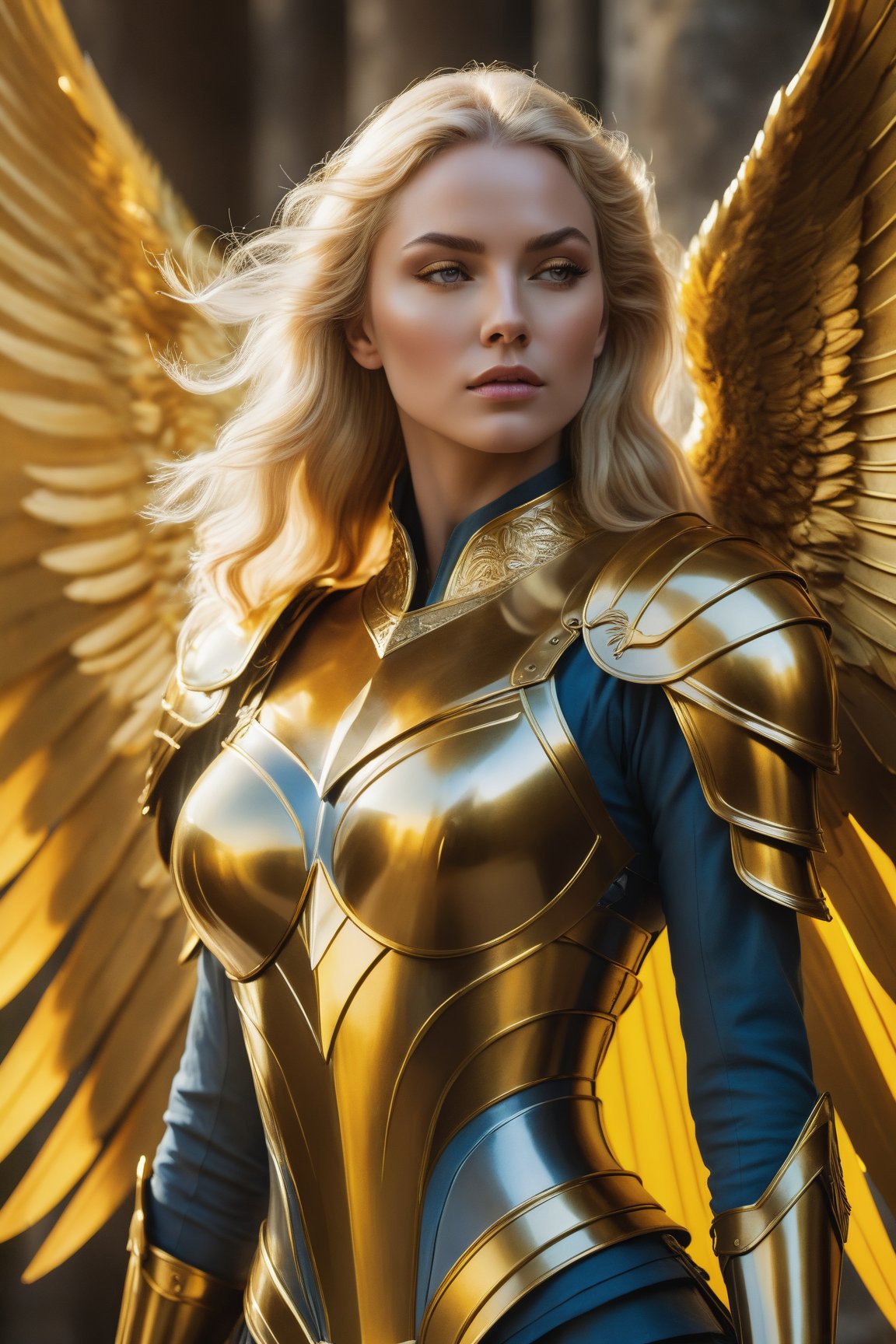 A majestic 8K UHD composition: a blonde warrior queen, encased in gleaming golden armor, stands tall, her straight yellow locks flowing like a river down her back. Eyes shut, she exudes contemplative intensity. Majestic Archangel wings, strong and proud, frame her powerful stance. Soft, warm lighting highlights the armor's intricate details, while subtle shading adds depth to her regal features. The camera captures her authoritative pose from a low angle, emphasizing her divine presence, as if waiting for the next command.