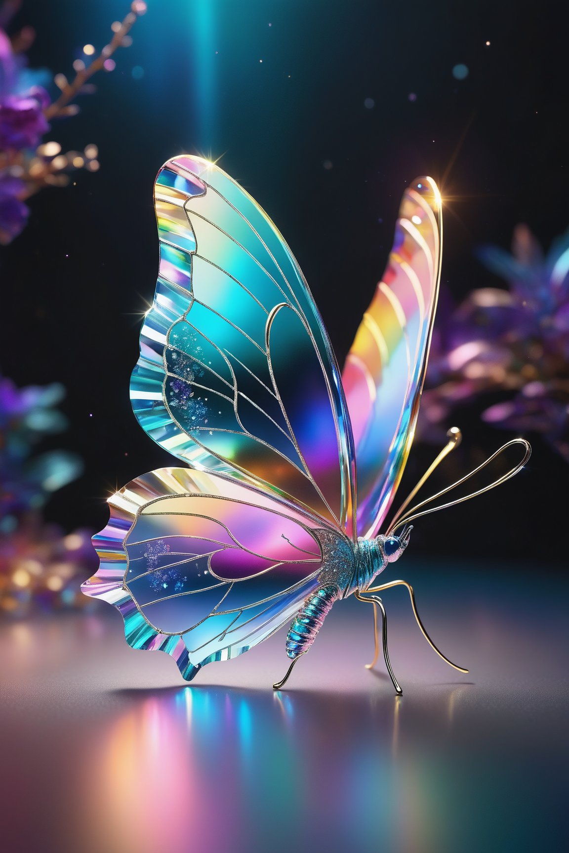 A mesmerizing 3D rendering of a transparent, iridescent crystal "C", where a graceful, iridescent crystal butterfly is delicately perched. The butterfly's wings, adorned with a symphony of rainbow hues, shimmer under the soft, ethereal glow. The background is a serene, dreamlike space, filled with delicate wisps of light. The overall atmosphere exudes a sense of enchantment and wonder., vibrant, fashion