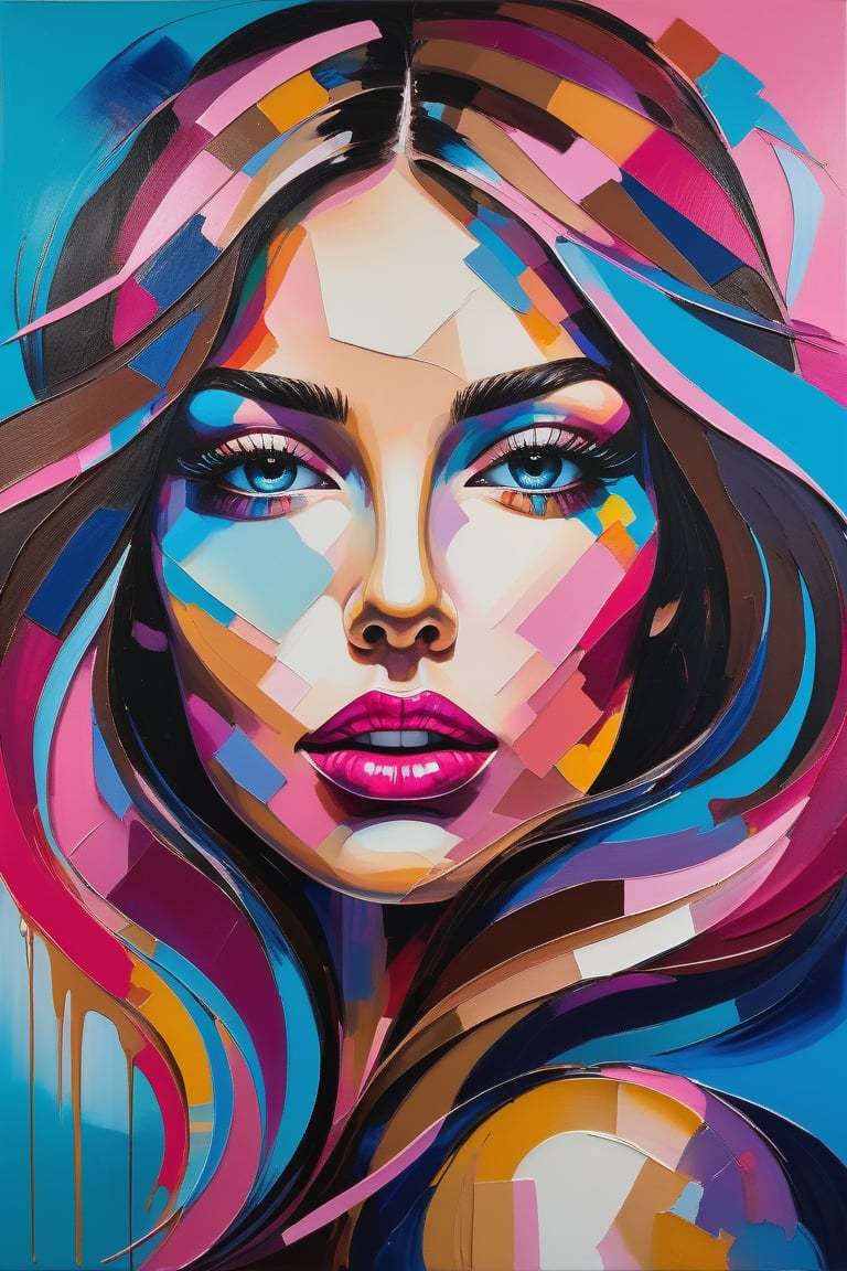 A mesmerizing abstract painting of a woman's face, brimming with vibrant colors – pinks, blues, and browns intertwining in a chaotic yet harmonious dance. The eyes, painted in a captivating shade of blue, draw the viewer in, radiating depth and emotion. The lips, boldly painted pink, contrast sharply against the cooler tones of the background. This striking composition masterfully blends modern art with portraiture, hinting at a deeper emotional or psychological narrative that invites introspection and reflection., vibrant, painting