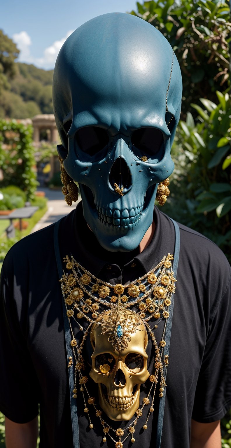 A meticulously crafted skull adorned with intricate golden patterns, purple beads, and gear-like embellishments. The skull's eyes are strikingly blue, and it's surrounded by a blurred background of greenery, suggesting it might be placed outdoors or in a garden setting.