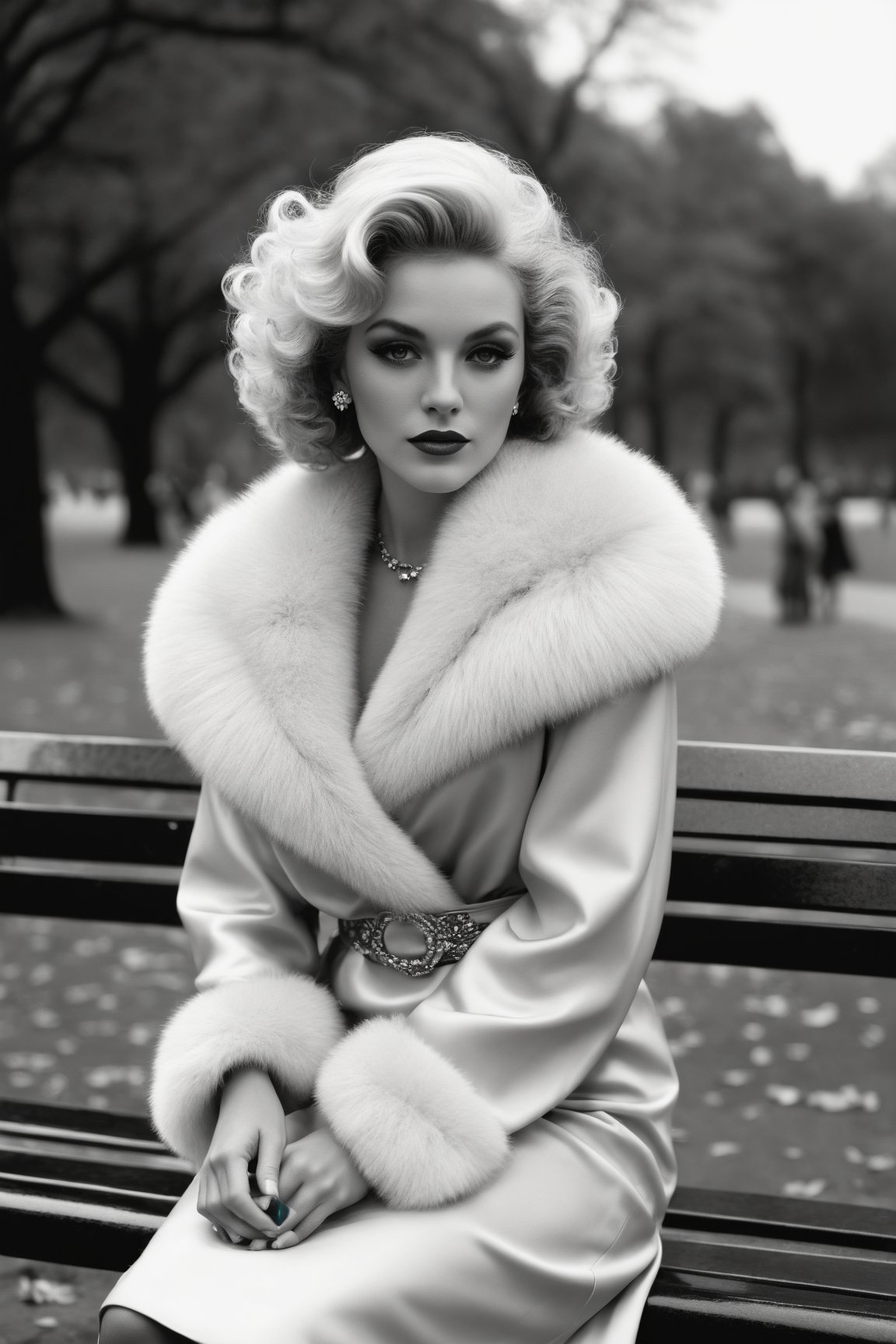 A captivating black and white portrait of a woman seated on a bench in Hyde Park, London during the 1970s. She is dressed in a form-fitting dress, a fur stole, and heels, with platinum blonde curls framing her enigmatic face. The artists have combined their signature styles to create a masterpiece that captures the essence of the era and the subject's mesmerizing allure. The ominous clouds in the sky hint at a windy day, while dark fantasy elements give the scene an air of mystery. The harmonious blend of Hollywood glamour, urban atmosphere, and mystique creates an unforgettable work of art.