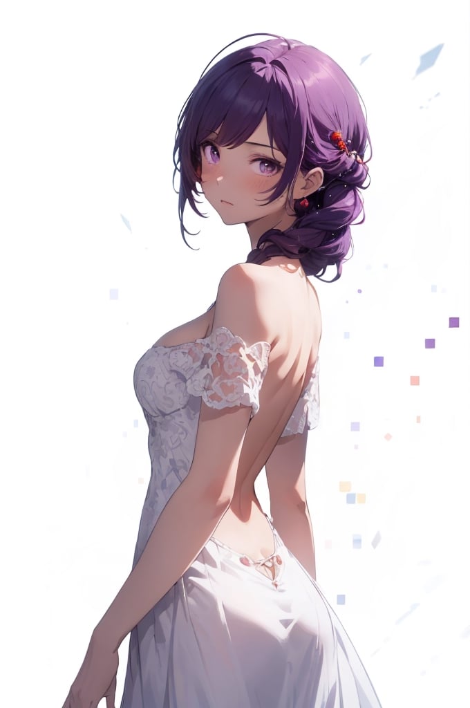 (masterpiece, best quality:1.4), detailed background, (1 girl, solo:1.3), perfect anatomy, (blurry_background, dynamic angle, wide view, cinematic lighting, depth of field, maximum detailed face), illustration, ((purple-red-wine hair), (spiral hair), long hair, Wispy Bangs With Shag, messy hair, light-purple eyes, (sparkling eyes)), colorful world, spotlight, dynamic angle, wide view, (colorful theme), cinematic lighting, depth of field, maximum detailed face, ((full body)), 1 piece, white dress, backless dress, bare shoulder, short sleeve, white high heels, (medium breasts), cleavage, ballroom, chamber, turnback, anime girl, 