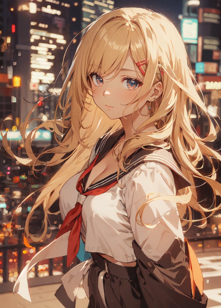 (masterpiece, best quality:1.4), detailed background, colorful world, (1 girl, solo:1.3), (blonde hair),(serafuku:1.2),full body, colorful_hair, halftone_hair, facial_mark, neon_palette, shaped_highlights, cleavage, ((bokeh background, blurry background)), night time, night sky, (city light), horizontal angle, looking away, perfect anatomy, colorful hair clip, many hair clips, 