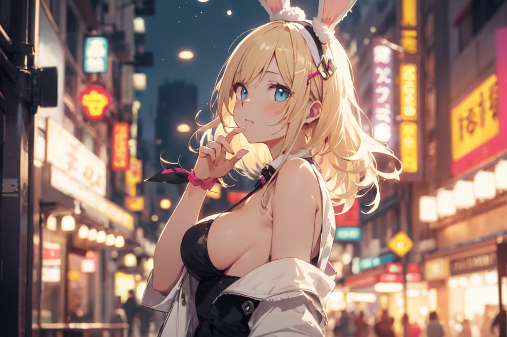 (masterpiece, best quality:1.4), detailed background, colorful world, (1 girl, solo:1.3), (blonde hair),full body, colorful_hair, halftone_hair, facial_mark, neon_palette, shaped_highlights, cleavage, ((bokeh background, blurry background)), night time, night sky, (city light), horizontal angle, looking away, perfect anatomy, colorful hair clip, many hair clips, bunnygirl, bunny head band 