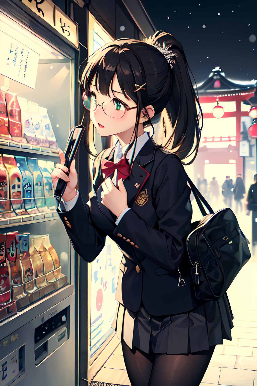 ((hyper super ultra detailed perfect piece)), illustration masterpiece, (((1girl))), ((black hair)), (ponytail hair), short hait ,(hairbraid), blunt bangs, colouful hair clips, green eyes, (sparkling), small breast, breast, ((School uniform, Japanese's winter uniform, blazer)), (shocks, tights, scaft, eye glasses, Japanese's school bag), shy, blushing, stading, inside, look away, don't know what to buy, looking at vending mechine, thinking, touch chin, (ultra high detailed background), (Vending mechine, many vending mechines), winter season, snowing, falling snowflakes, night,night sky, fluorescent light, perfect anatomy, portrait, romantic_mood, romantic_theme, pov from outside, leaning_forward, ((asakusa, tokyo, japan))