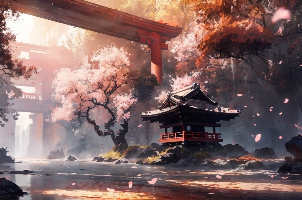 (masterpiece, best quality:1.4), detailed background, cheery blossoms, cherry blossom petals, wind blowing, many flowing cherry blossom petals, faded light, hollowed center, blight light, light theme, scenery , Japanese scene