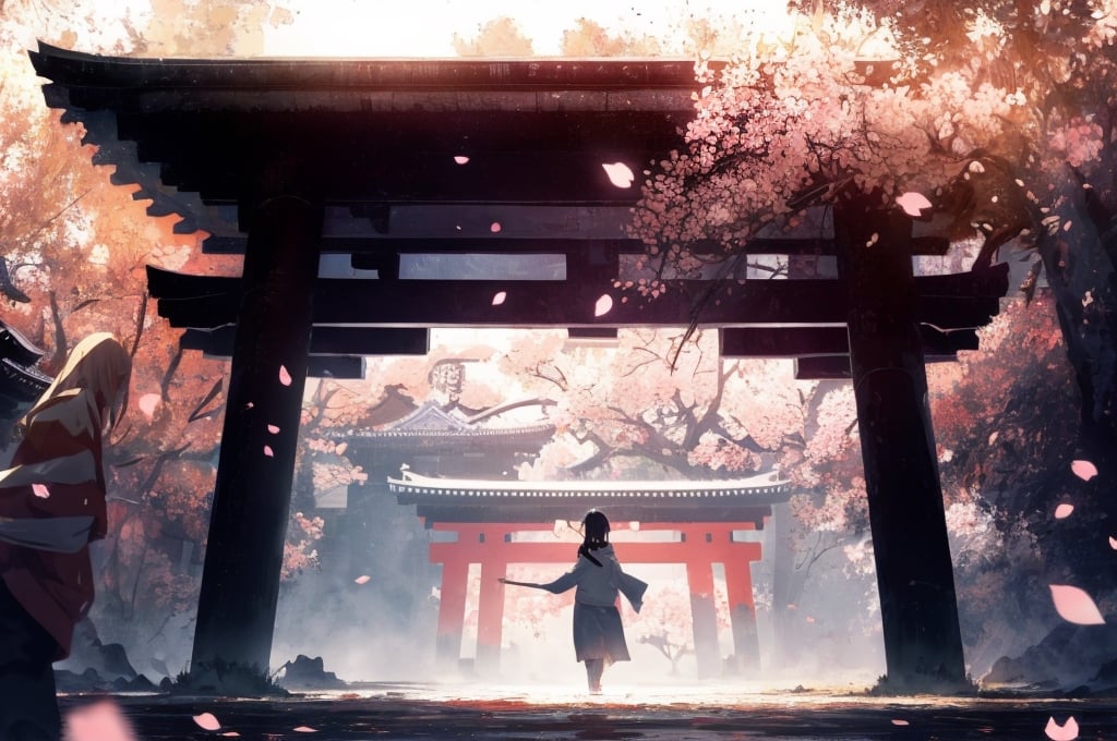 (masterpiece, best quality:1.4), detailed background, cheery blossoms, cherry blossom petals, wind blowing, flowing cherry blossom petals, faded light, hollowed center, blight light, light theme, Japanese scene