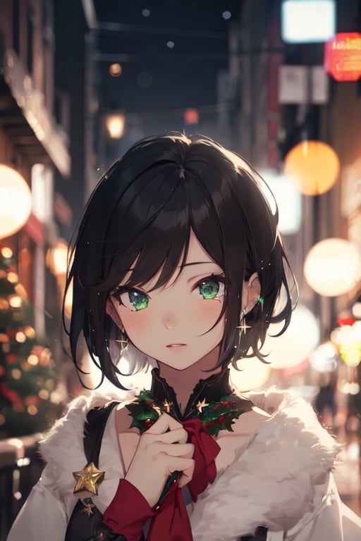 ((hyper super ultra detailed perfect piece)), illustration masterpiece, (((1girl))), ((black hair)), (straight hair), short hair, green eyes, ((sparkling)), ((super ultra detailed cloth layer clothing)), Christmas theme, cleavage, ((bokeh background)), night time, night sky, (city light), horizontal angle, looking away, full body