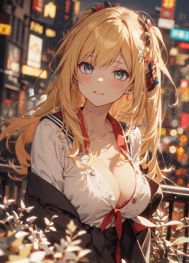 (masterpiece, best quality:1.4), detailed background, colorful world, (1 girl, solo:1.3), (blonde hair),(serafuku:1.2),full body, colorful_hair, halftone_hair, facial_mark, neon_palette, shaped_highlights, cleavage, ((bokeh background, blurry background)), night time, night sky, (city light), horizontal angle, looking away, perfect anatomy, colorful hair clip, many hair clips, 