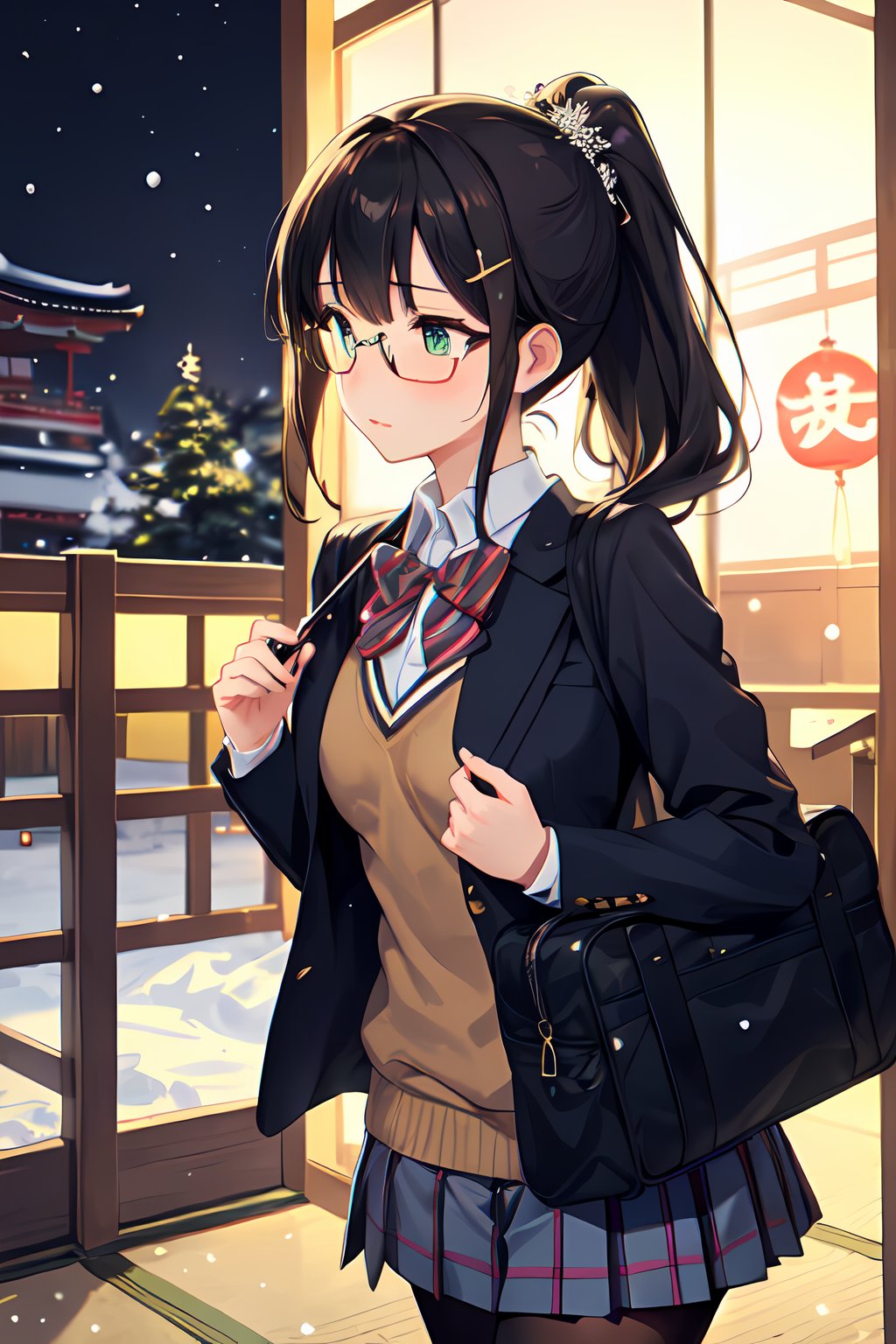 ((hyper super ultra detailed perfect piece)), illustration masterpiece, (((1girl))), ((black hair)), (ponytail hair), short hait ,(hairbraid), blunt bangs, colouful hair clips, green eyes, (sparkling), small breast, breast, ((School uniform, Japanese's winter uniform, blazer)), (shocks, tights, scaft, eye glasses, Japanese's school bag), shy, blushing, stading, inside, look away, don't know what to buy, looking at vending mechine, thinking, touch chin, (ultra high detailed background), (Vending mechine, many vending mechines), winter season, snowing, falling snowflakes, night,night sky, fluorescent light, perfect anatomy, portrait, romantic_mood, romantic_theme, pov from outside, leaning_forward, ((asakusa, tokyo, japan))