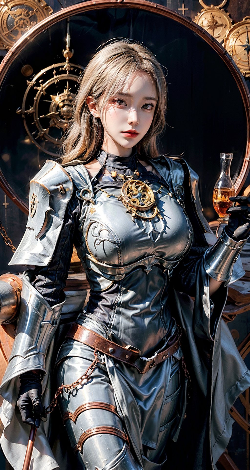 Female Paladin wearing Silver Chain Shirt Armor with Moonlit Edges , Copper Alchemist Robe with Transmutation Circles: Transmutation circles are intricately woven into the fabric, representing alchemical knowledge., (Tallow,Vessel color background:1.3),  