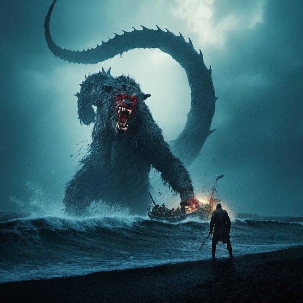 monster rises from stormy sea, close up, cinematic, man on shore, in fight, realistic photo, leather, fur, dust, blood, outdoors, photorealistic, epic realistic, cinematic light, dramatic light, forest, far away snowy mountains, professional photograph, dramatic, award winning, cinematic lighting, sharp focus, octane render, unreal engine, volumetrics dtx, (film grain),Movie Still,painting by jakub rozalski