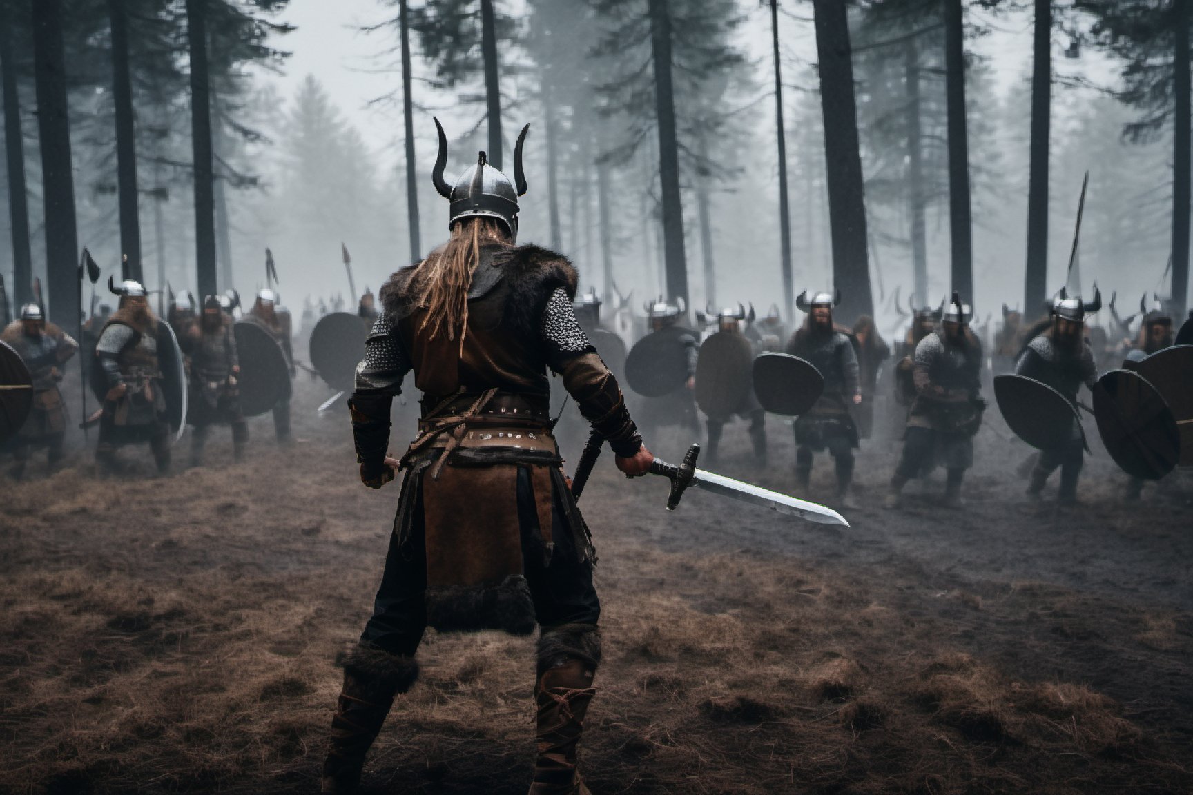 wide angle, viking warriors in middle of battle (men, women), battle field (viking armor), leather, fur, swords, axes, dust, blood, outdoors, epic realistic, dramatic light, forest, far away snowy mountains, professional photograph, dramatic, award winning, cinematic lighting, sharp focus, octane render, unreal engine, volumetrics dtx, (film grain),Movie Still,painting by jakub rozalski