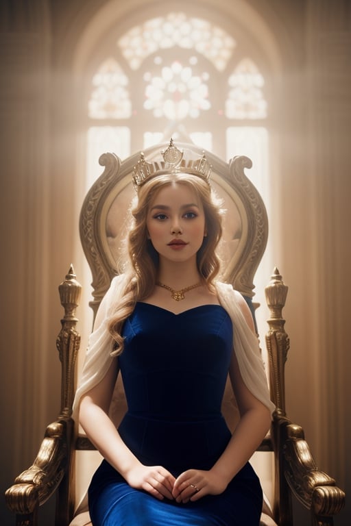 beautiful young queen sitting on throne, cinematic, soft light, dramatic