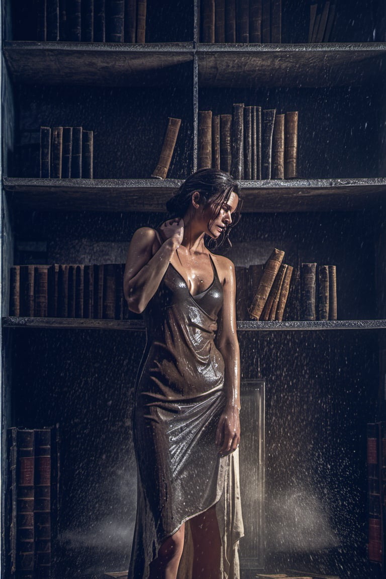 wet woman, apocaypse in dark old library, massagre, realistic photo, photorealistic, epic realistic, cinematic light, professional photograph, dramatic, award winning, cinematic lighting, sharp focus, octane render, unreal engine, volumetrics dtx, (film grain),Movie Still