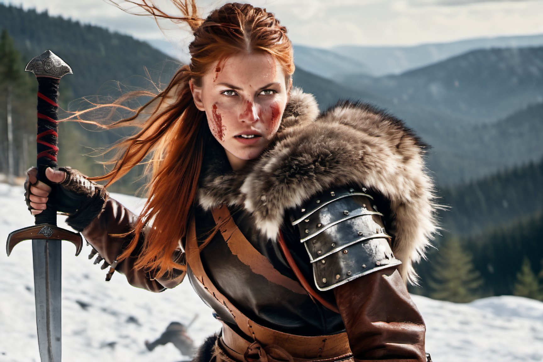 viking warrior woman , in battle, close up, cinematic, looking at camera, viking warriors, in fight, battle field (viking armor),  realistic photo, leather, fur, swords, axes, dust, blood, outdoors, epic realistic, dramatic light, forest, far away snowy mountains, professional photograph, dramatic, award winning, cinematic lighting, sharp focus, octane render, unreal engine, volumetrics dtx, (film grain),Movie Still,painting by jakub rozalski