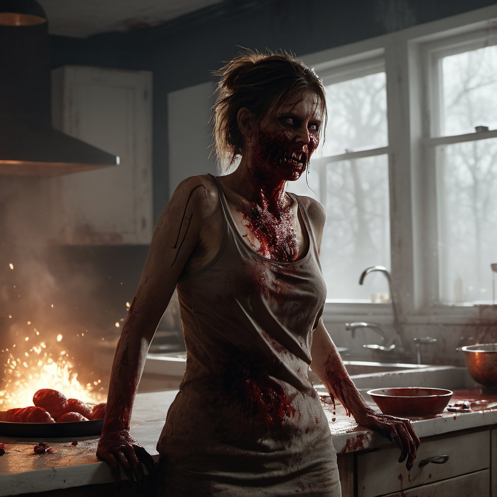 zombie woman, massagre, apocalypse in kitchen, cinematic, in fight, realistic photo, dust, blood, dark rotten flesh, indoors, realistic, epic realistic, cinematic light, dramatic light, professional photograph, dramatic, award winning, cinematic lighting, sharp focus, octane render, unreal engine, volumetrics dtx, (film grain),Movie Still,painting by jakub rozalski