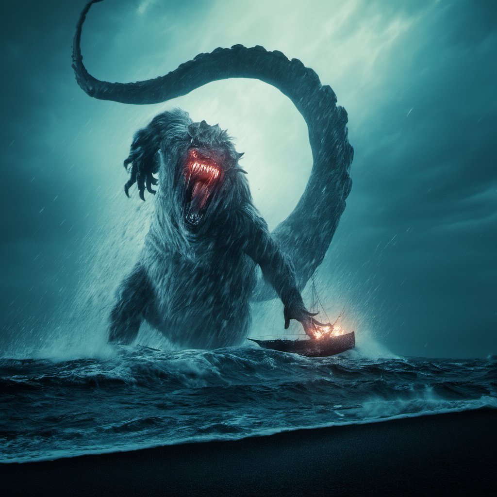 monster rises from stormy sea, close up, cinematic, man on shore, in fight, realistic photo, leather, fur, dust, blood, outdoors, photorealistic, epic realistic, cinematic light, dramatic light, forest, far away snowy mountains, professional photograph, dramatic, award winning, cinematic lighting, sharp focus, octane render, unreal engine, volumetrics dtx, (film grain),Movie Still,painting by jakub rozalski