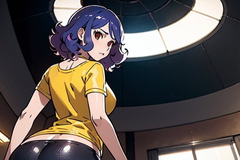 photorealistic, masterpiece, best quality, raw photo, 1girl, curly hair, purple eyes, aluring face, medium breast, round butt, yellow shirt, soft lighting, from below