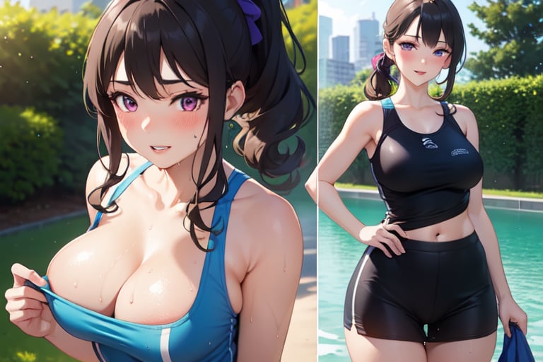 realistic, 1girl, ponytail, parted lips, blush, makeup, sexy smile, curly hair, sportswear, skirt, wet clothes, glow, thick thighs, purple eye, bare shoulders, collarbone, narrow waist, sunlight, rose, wind, cleavage, (masterpiece), sweat,