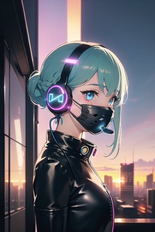 (frontal view, facing viewer:1.2), masterpiece,1girl, solo, braided hairstyle, light teal eyes, glowing eyes | (plastic wireless headphones headset:1.2), (black leather futuristic mouth mask:1.2), Bubble vest, | futuristic city lights, sunset, short buildings, urban scenery, neon lights | depth of field,