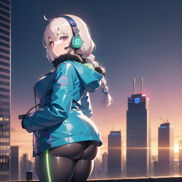 (frontal view, facing viewer:1.2), masterpiece,1girl, solo, perfect, braided hairstyle, medium breasts, glowing eyes | (plastic wireless headphones headset:1.2), puffy jacket, | futuristic city lights, sunset, buildings, urban scenery, neon lights | depth of field, plump butt