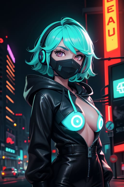 (frontal view, facing viewer:1.2), centered, masterpiece, chest nipple piercing | 1girl, solo, electric hair color, big hair, short hairstyle, light teal eyes, glowing eyes | (matte wireless headphones headset:1.2), (black leather futuristic mouth mask:1.2), dark blue hoodie, | futuristic city lights, sunset, buildings, urban scenery, neon lights | depth of field,