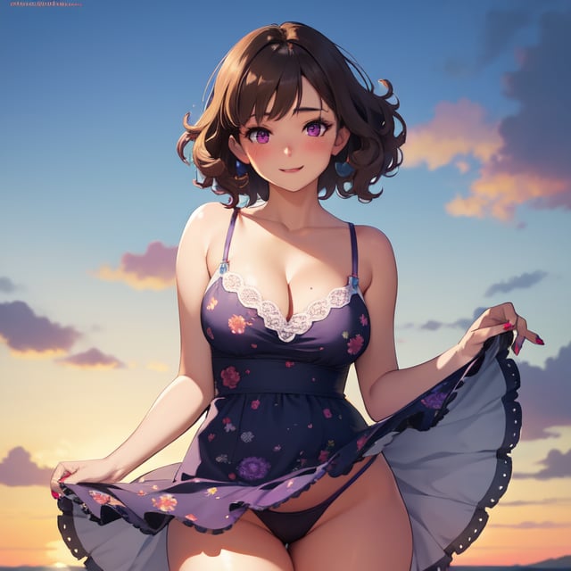 realistic, 1girl, blush, makeup, sexy smile, short hair, curly hair, summerdress, skirt, glow, purple eye, collarbone, narrow waist, sunset, thick thighs, colored nails, wind, cleavage, floral_print, lace_trim, brown skin